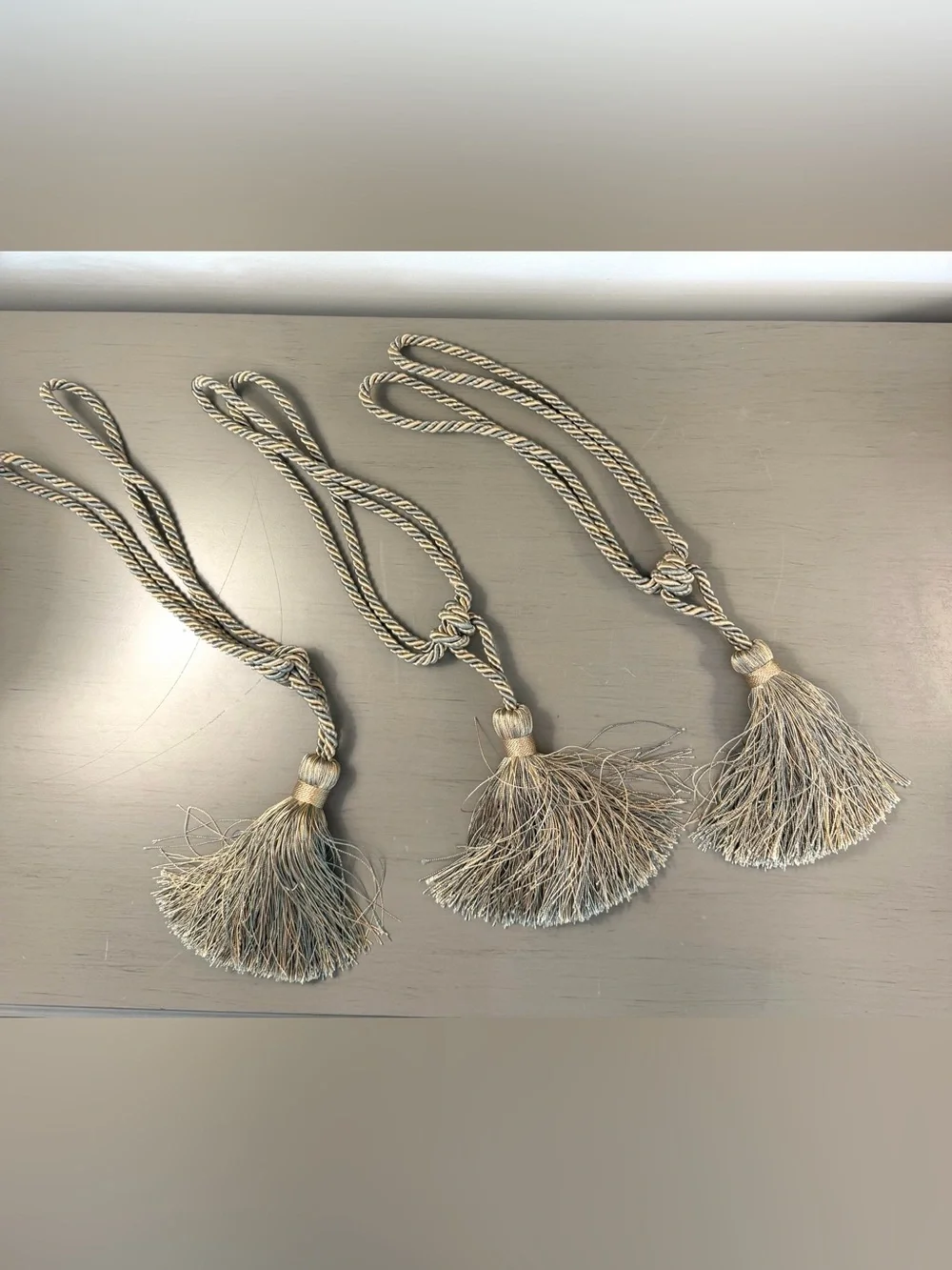 Set Of 3 Elegant Curtain Satin Twisted Rope Tie Backs Single Tassel Sage/Gold
